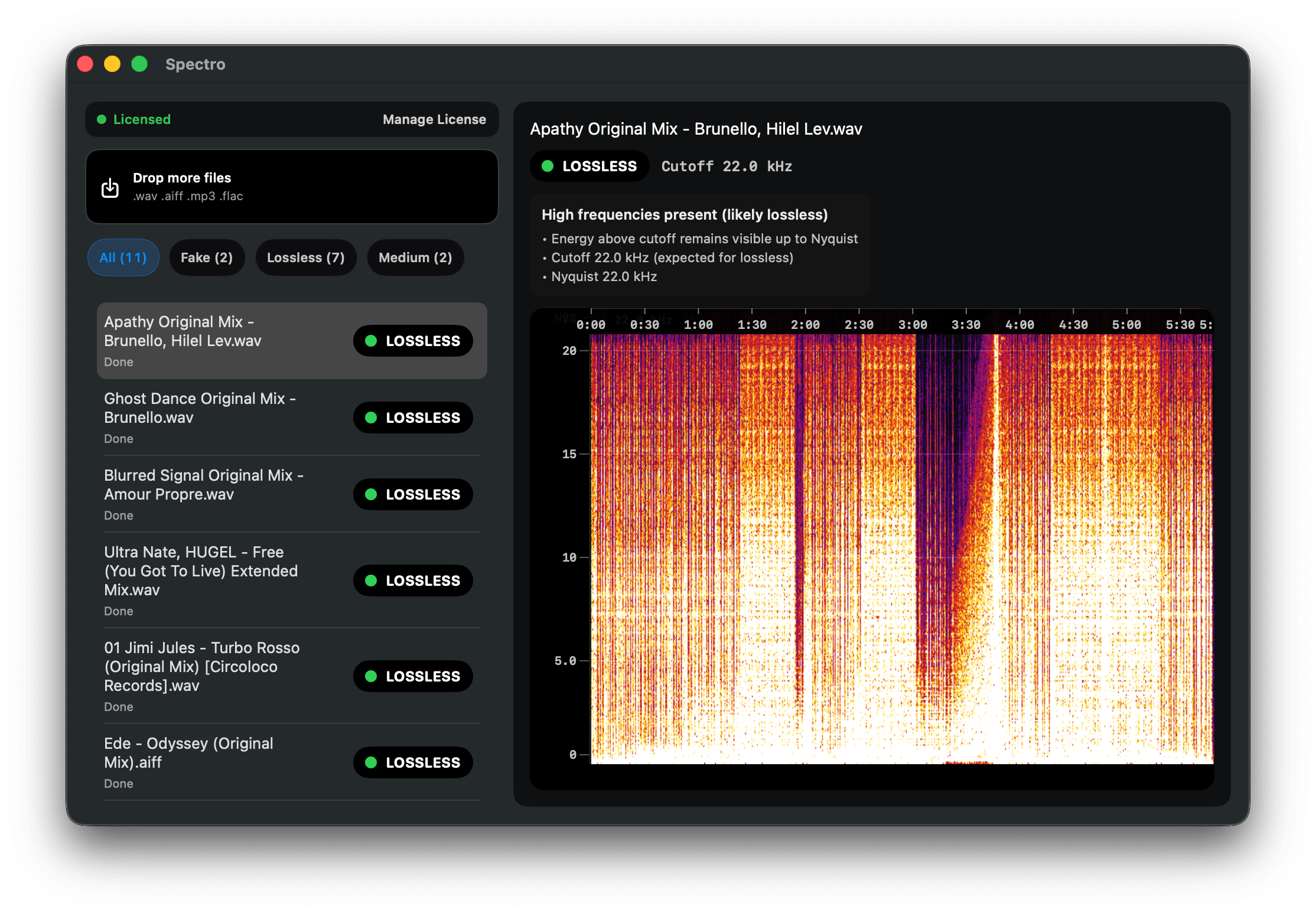 Spectro app showing fake lossless detection results