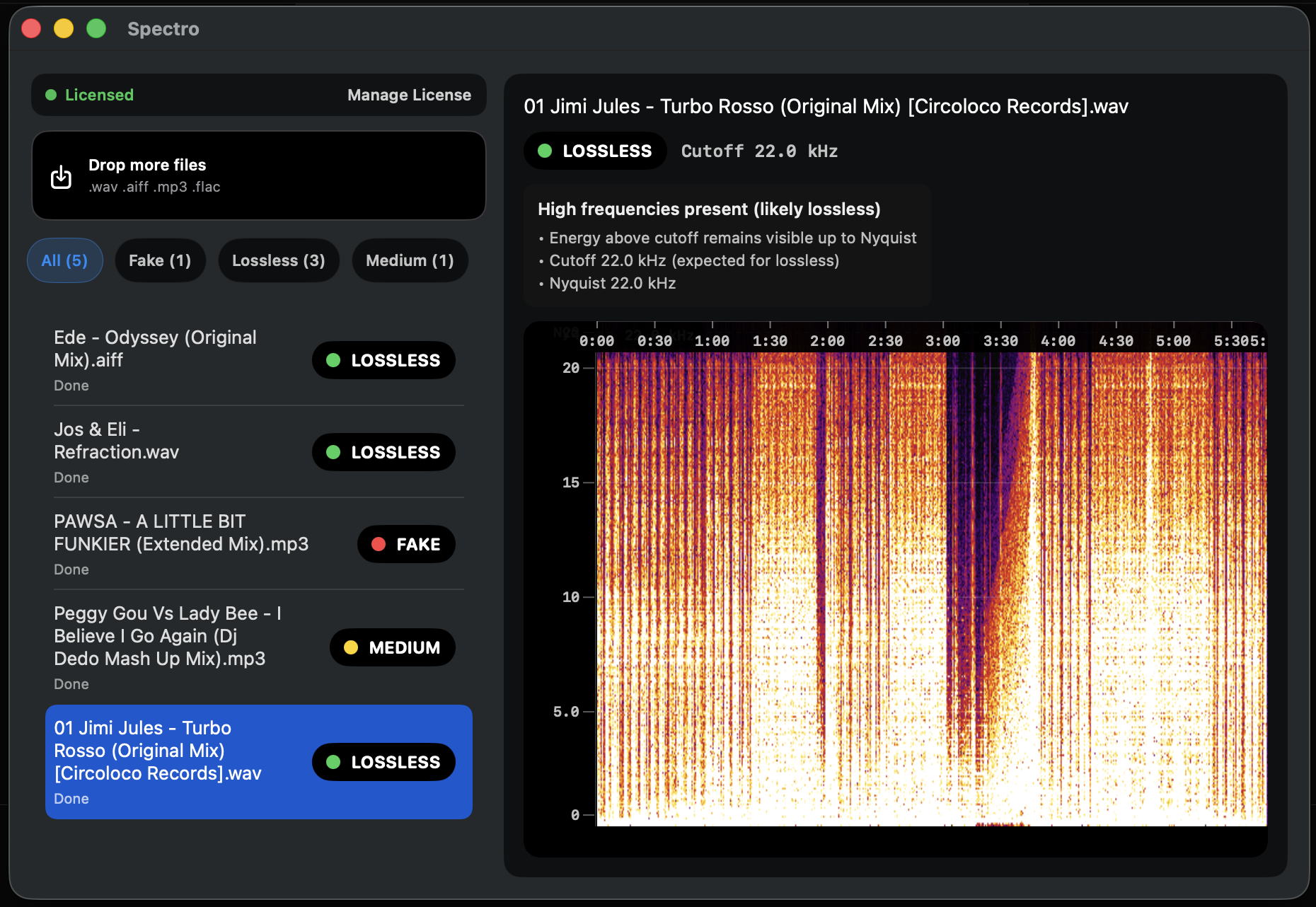 Spectro app displaying verdicts for a batch of files: LOSSLESS, FAKE, and MEDIUM results